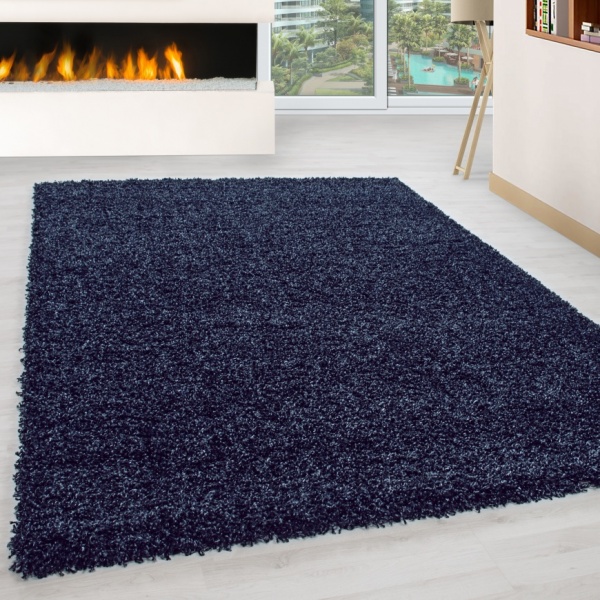 Langflor Teppich Wohnzimmer Marineblau l Zimmerteppich Hochflor Marineblau